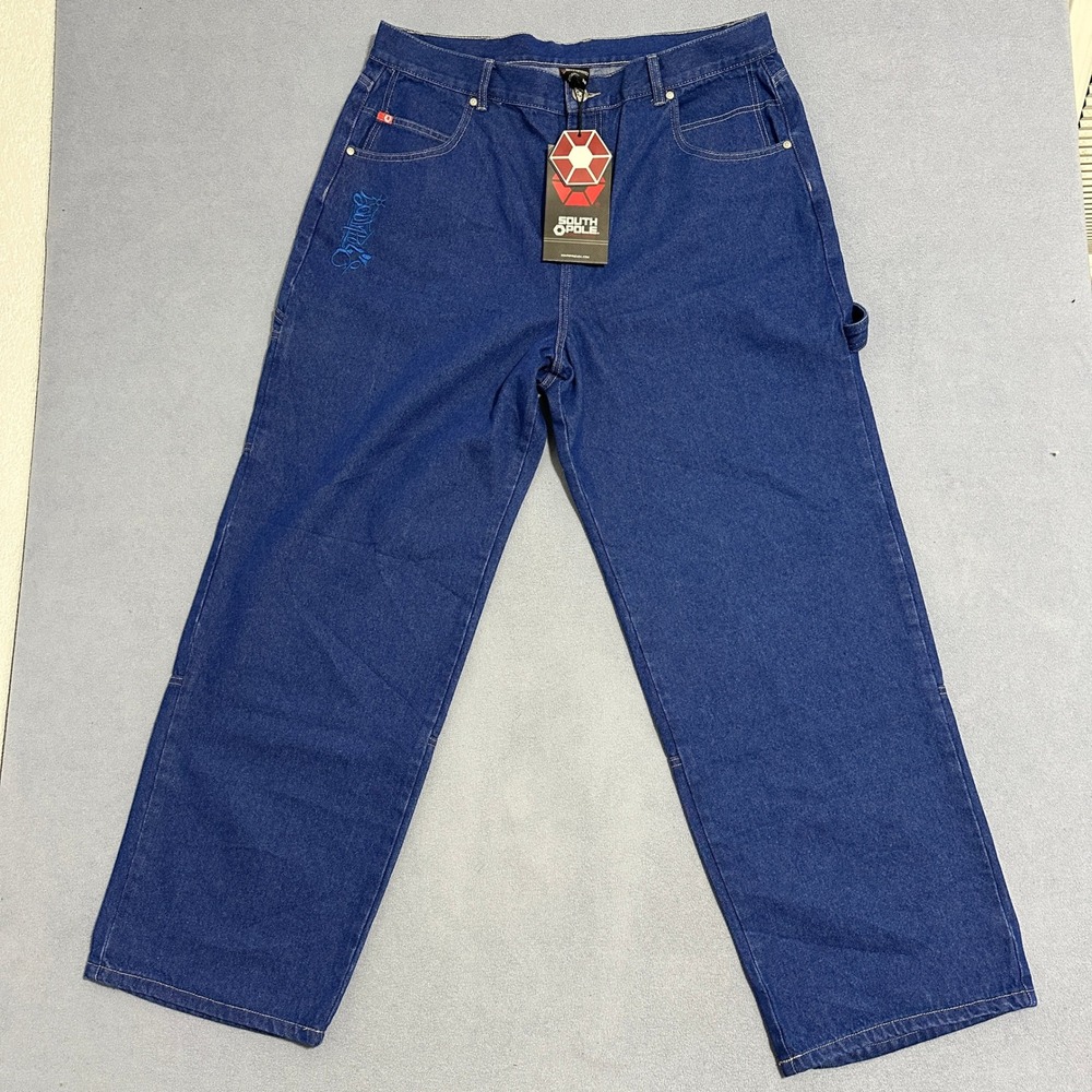 Southpole Baggy Carpenter Jeans Denim Embroidered Logo Blue Mens Size W38 L32 - Picture 1 of 16